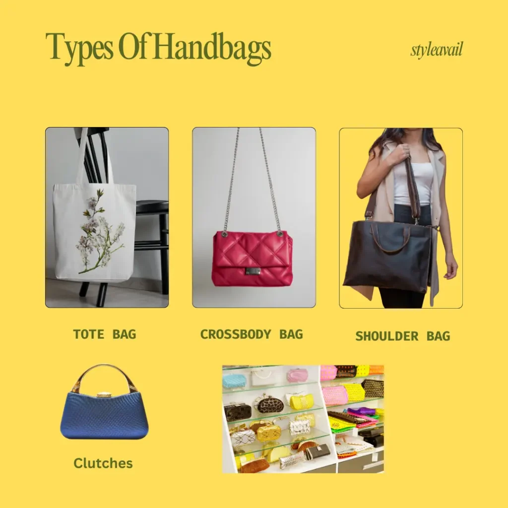 Types of handbags include tote bags, clutches, crossbody bags, and shoulder bags.