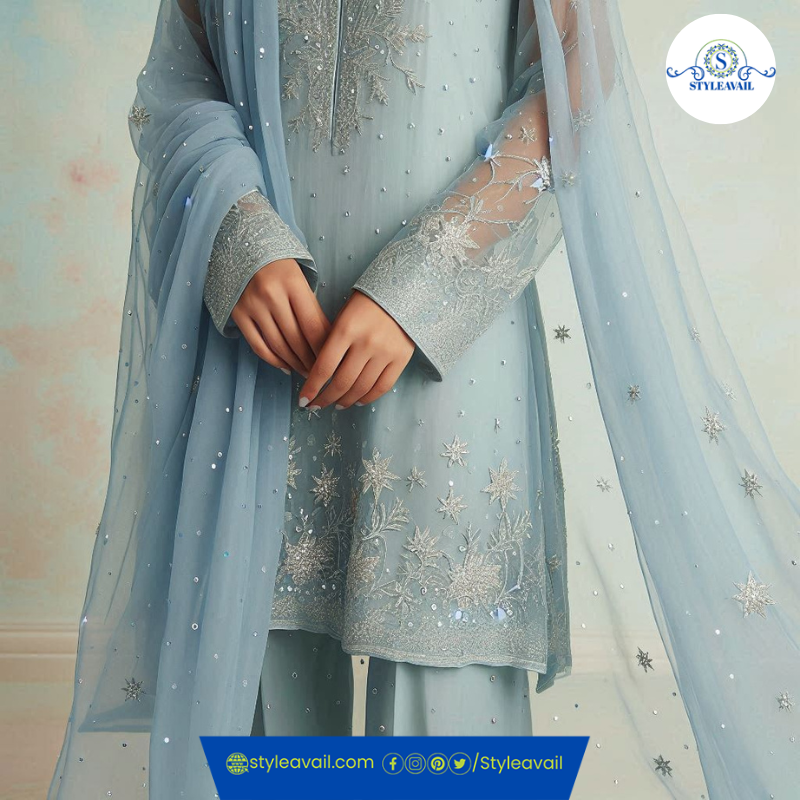 Ice Blue Mukesh Work Dress with Sparkling Detailing