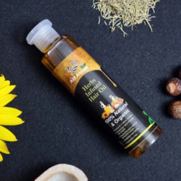 Alif Ahlam herbs infused hair oil bottle with natural organic oils and herbs