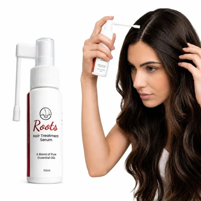 Roots hair treatment serum bottle for nourished, frizz-free hair